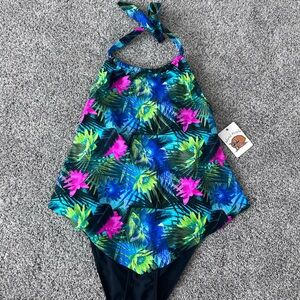 NWT! Island Pearls Hanky Fauxkini One Piece Swimsuit Blue Fern Leaf Halter 10